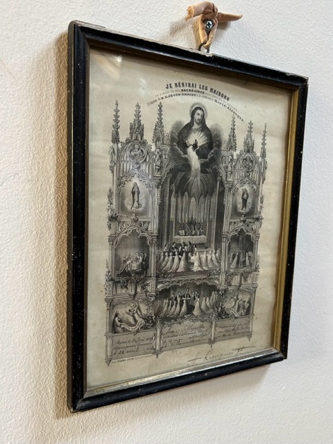 Antique French Religious Jesus Print in Frame " je Benirai Les Maisons " - wall art - SOLD -