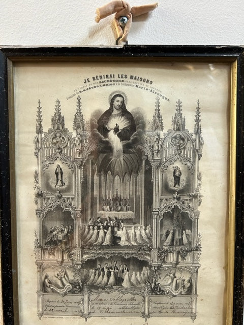 Antique French Religious Jesus Print in Frame " je Benirai Les Maisons " - wall art - SOLD -